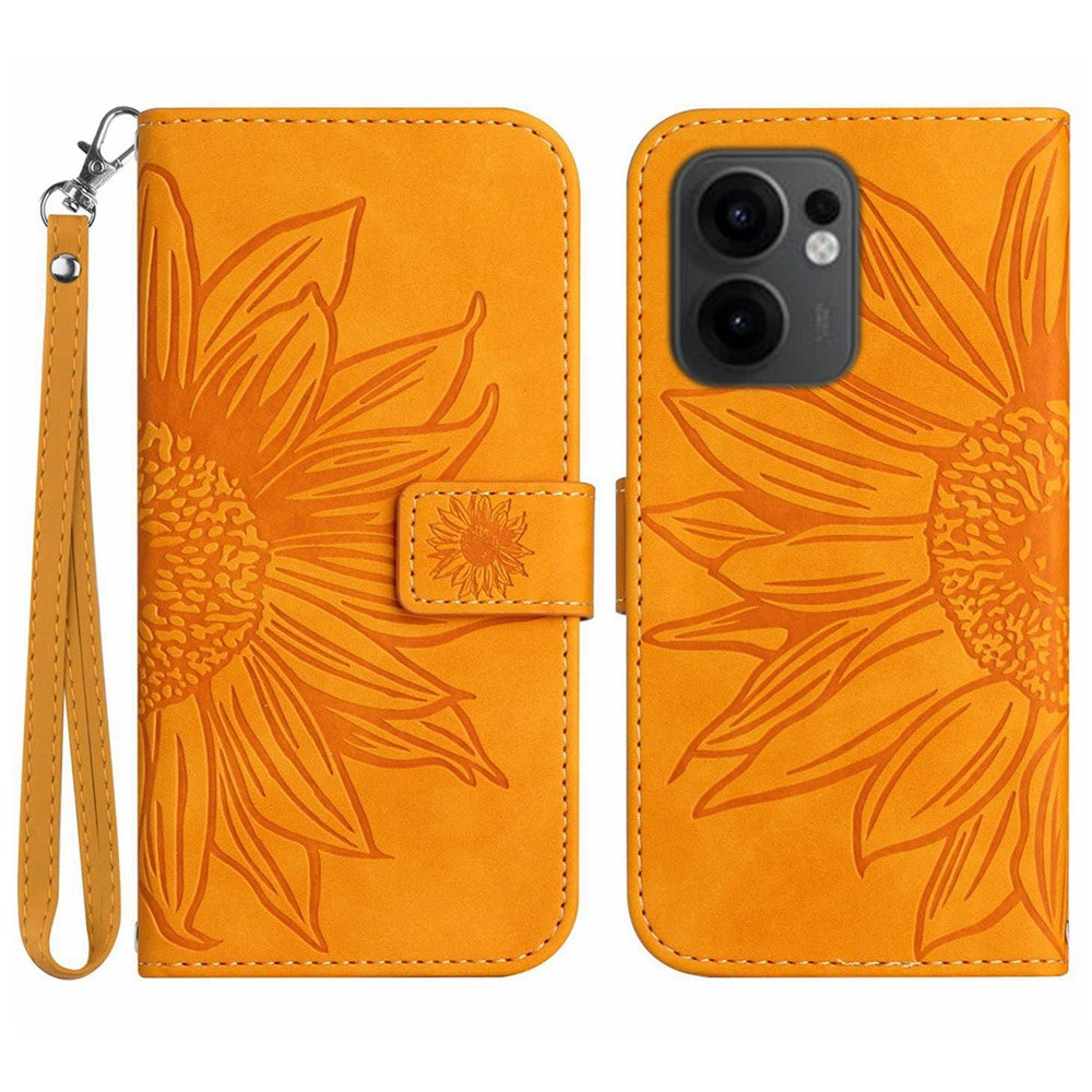 Sunflower-mönstrat läderplånboksskal för Oppo Reno13 F 5G (Reno 13 FS 5G) / 4G med handledsrem