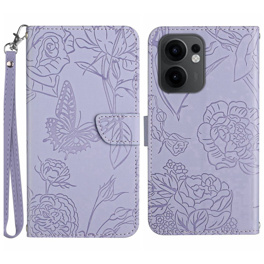 Oppo Reno13 F 5G (Reno 13 FS 5G) / 4G-skal Läderfodral med Fjärilsblomma och Rem