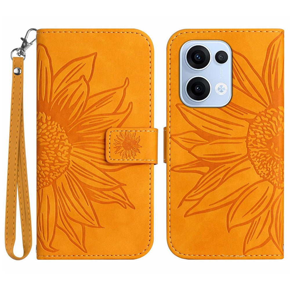 For Oppo Reno13 5G (Global) Case Sunflower Imprint Leather Wallet Phone Cover with Wrist Strap