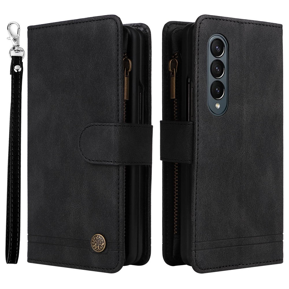 For Samsung Galaxy Z Fold4 5G Shockproof Zipper Pocket Phone Case Imprinted Skin-touch Wallet Stand PU Leather Cell Phone Cover with Multiple Card Slots