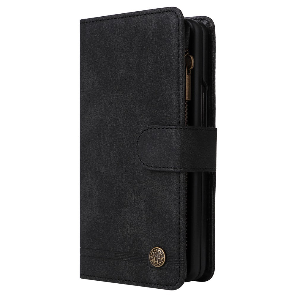 For Samsung Galaxy Z Fold4 5G Shockproof Zipper Pocket Phone Case Imprinted Skin-touch Wallet Stand PU Leather Cell Phone Cover with Multiple Card Slots