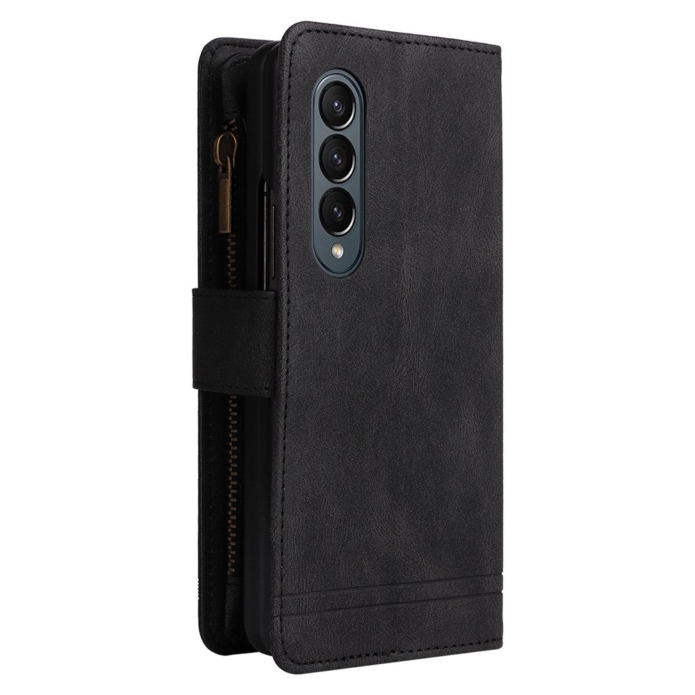 For Samsung Galaxy Z Fold4 5G Shockproof Zipper Pocket Phone Case Imprinted Skin-touch Wallet Stand PU Leather Cell Phone Cover with Multiple Card Slots