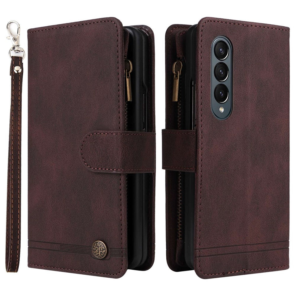 For Samsung Galaxy Z Fold4 5G Shockproof Zipper Pocket Phone Case Imprinted Skin-touch Wallet Stand PU Leather Cell Phone Cover with Multiple Card Slots