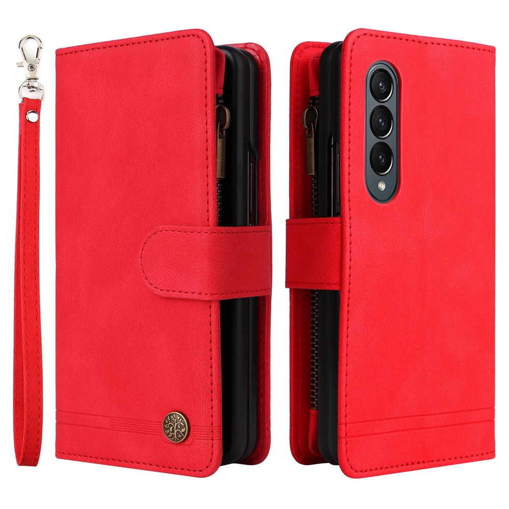 For Samsung Galaxy Z Fold4 5G Shockproof Zipper Pocket Phone Case Imprinted Skin-touch Wallet Stand PU Leather Cell Phone Cover with Multiple Card Slots