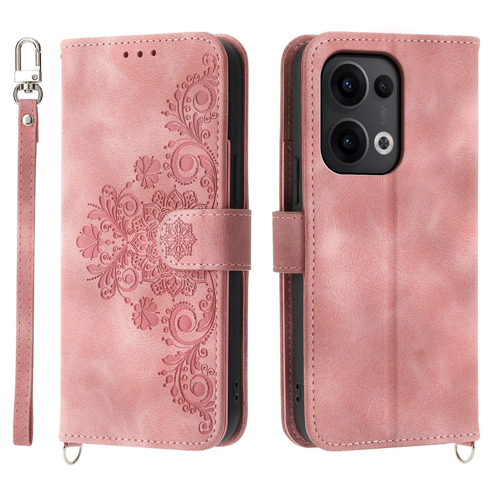 For Oppo Reno13 5G (Global) Case Flower Pattern PU Leather Wallet Phone Cover with Strap