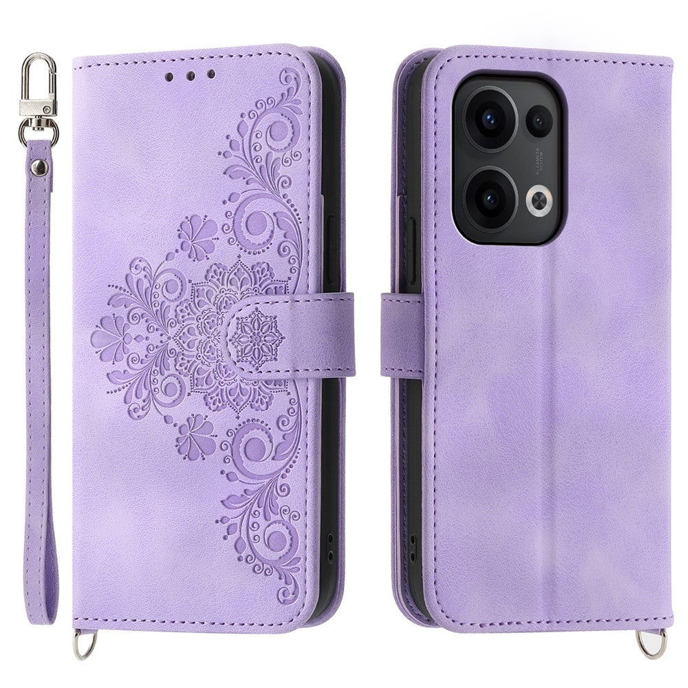 For Oppo Reno13 5G (Global) Case Flower Pattern PU Leather Wallet Phone Cover with Strap