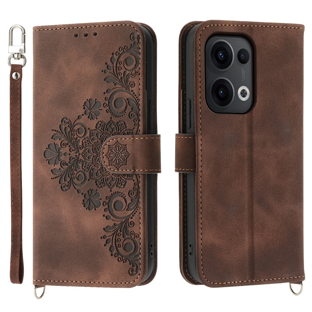 For Oppo Reno13 5G (Global) Case Flower Pattern PU Leather Wallet Phone Cover with Strap