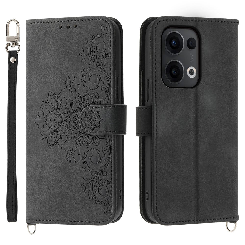 For Oppo Reno13 5G (Global) Case Flower Pattern PU Leather Wallet Phone Cover with Strap