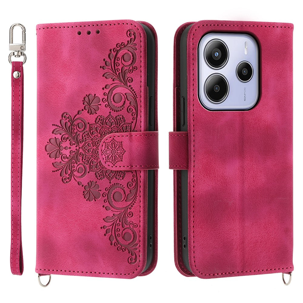 For Xiaomi Redmi Note 14 4G (163.25mm) Case Flower Pattern PU Leather Wallet Phone Cover with Strap
