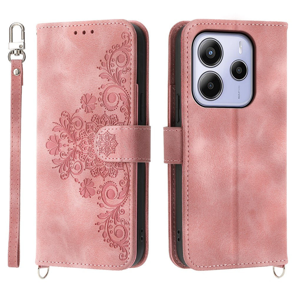 For Xiaomi Redmi Note 14 4G (163.25mm) Case Flower Pattern PU Leather Wallet Phone Cover with Strap