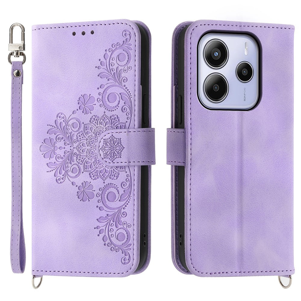 For Xiaomi Redmi Note 14 4G (163.25mm) Case Flower Pattern PU Leather Wallet Phone Cover with Strap