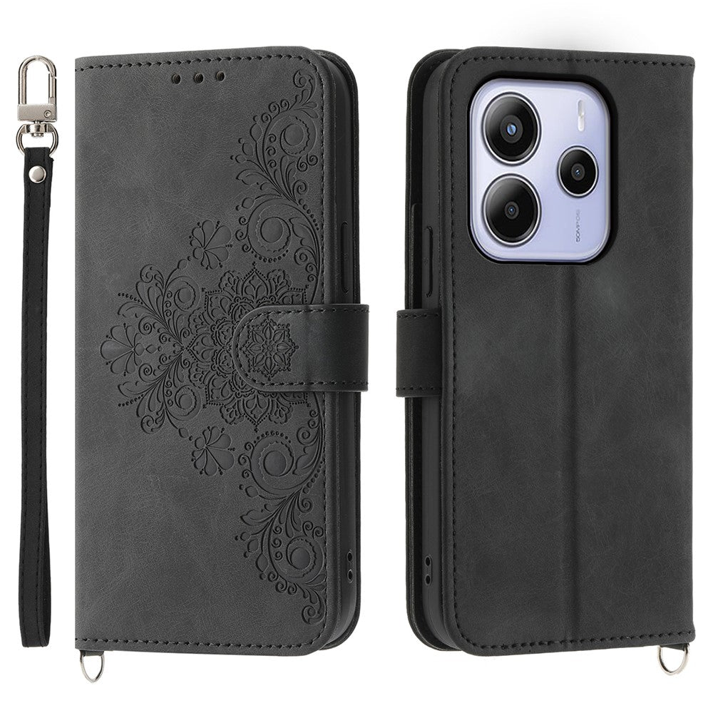 For Xiaomi Redmi Note 14 4G (163.25mm) Case Flower Pattern PU Leather Wallet Phone Cover with Strap