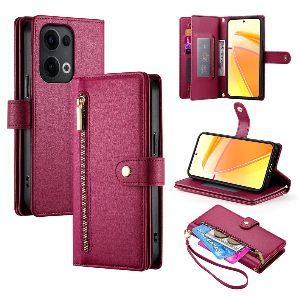 DF-011 For Oppo Reno13 5G (Global) Case Zipper Pocket Wallet Leather Phone Cover with Straps