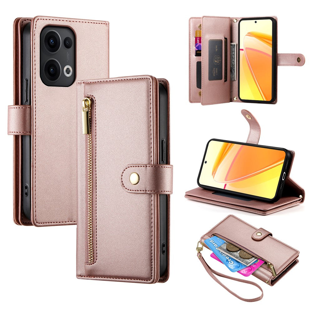 DF-011 For Oppo Reno13 5G (Global) Case Zipper Pocket Wallet Leather Phone Cover with Straps
