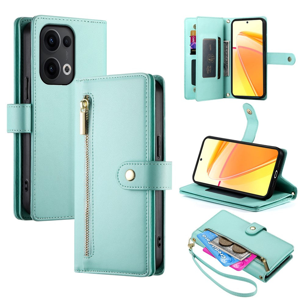 DF-011 For Oppo Reno13 5G (Global) Case Zipper Pocket Wallet Leather Phone Cover with Straps