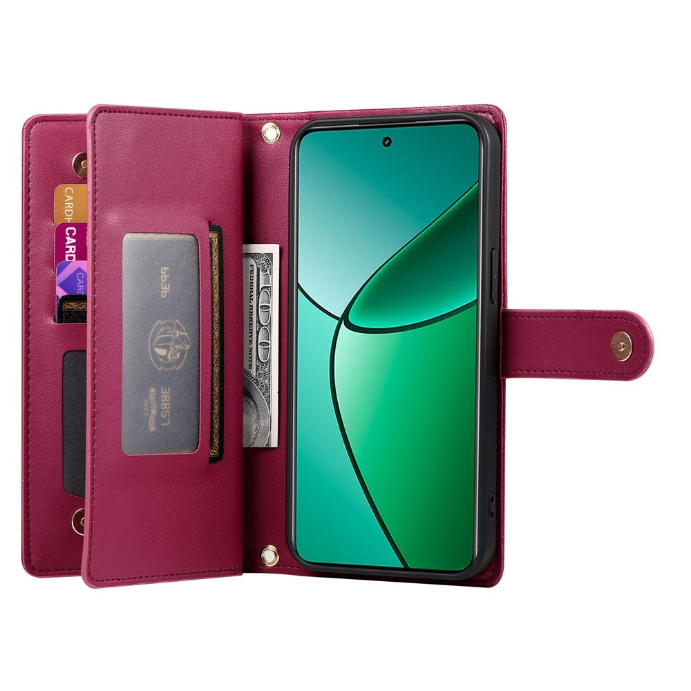 DF-011 För Oppo Reno13 F 5G (Reno 13 FS 5G) / 4G-skal, dragkedja, plånbok, lädermobilskal med remmar