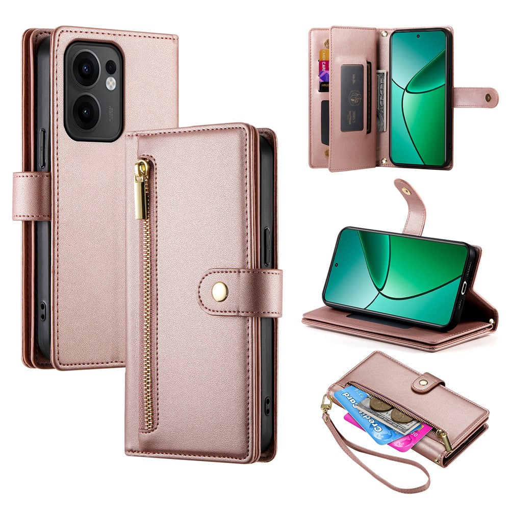 DF-011 För Oppo Reno13 F 5G (Reno 13 FS 5G) / 4G-skal, dragkedja, plånbok, lädermobilskal med remmar