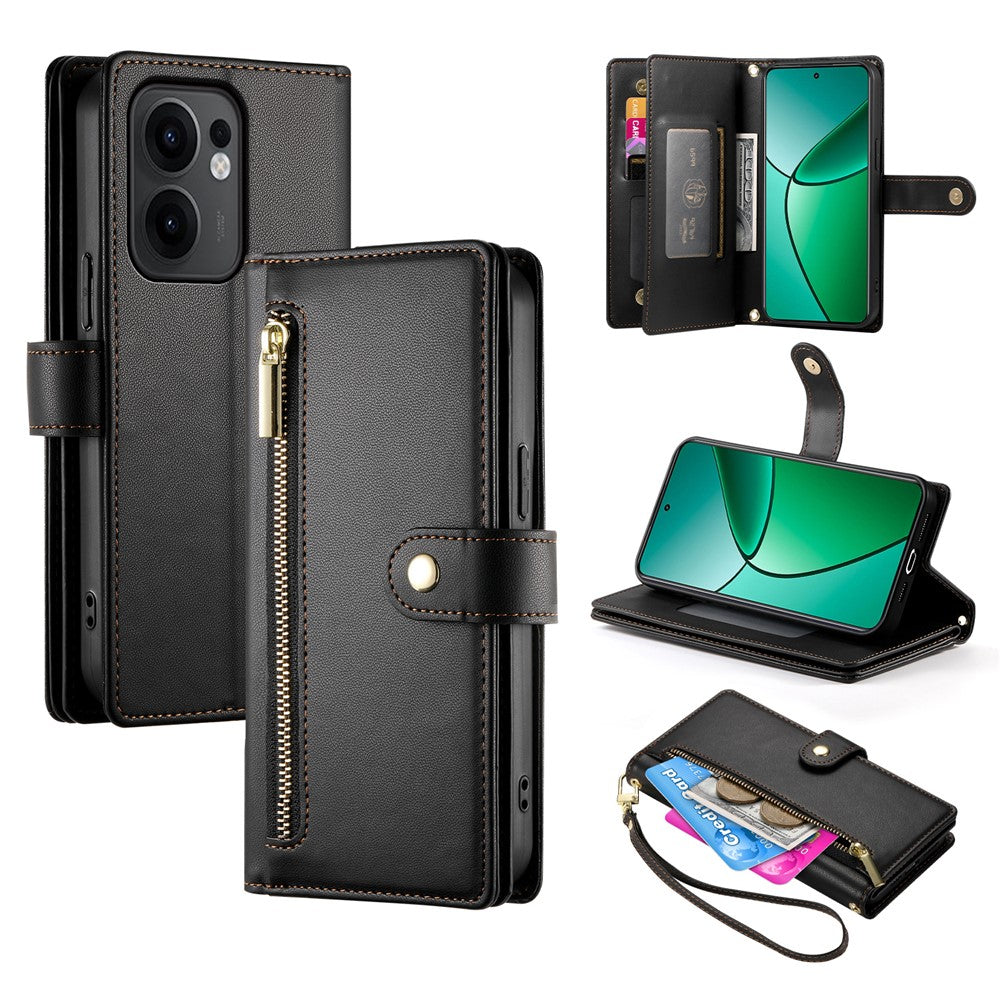 DF-011 För Oppo Reno13 F 5G (Reno 13 FS 5G) / 4G-skal, dragkedja, plånbok, lädermobilskal med remmar