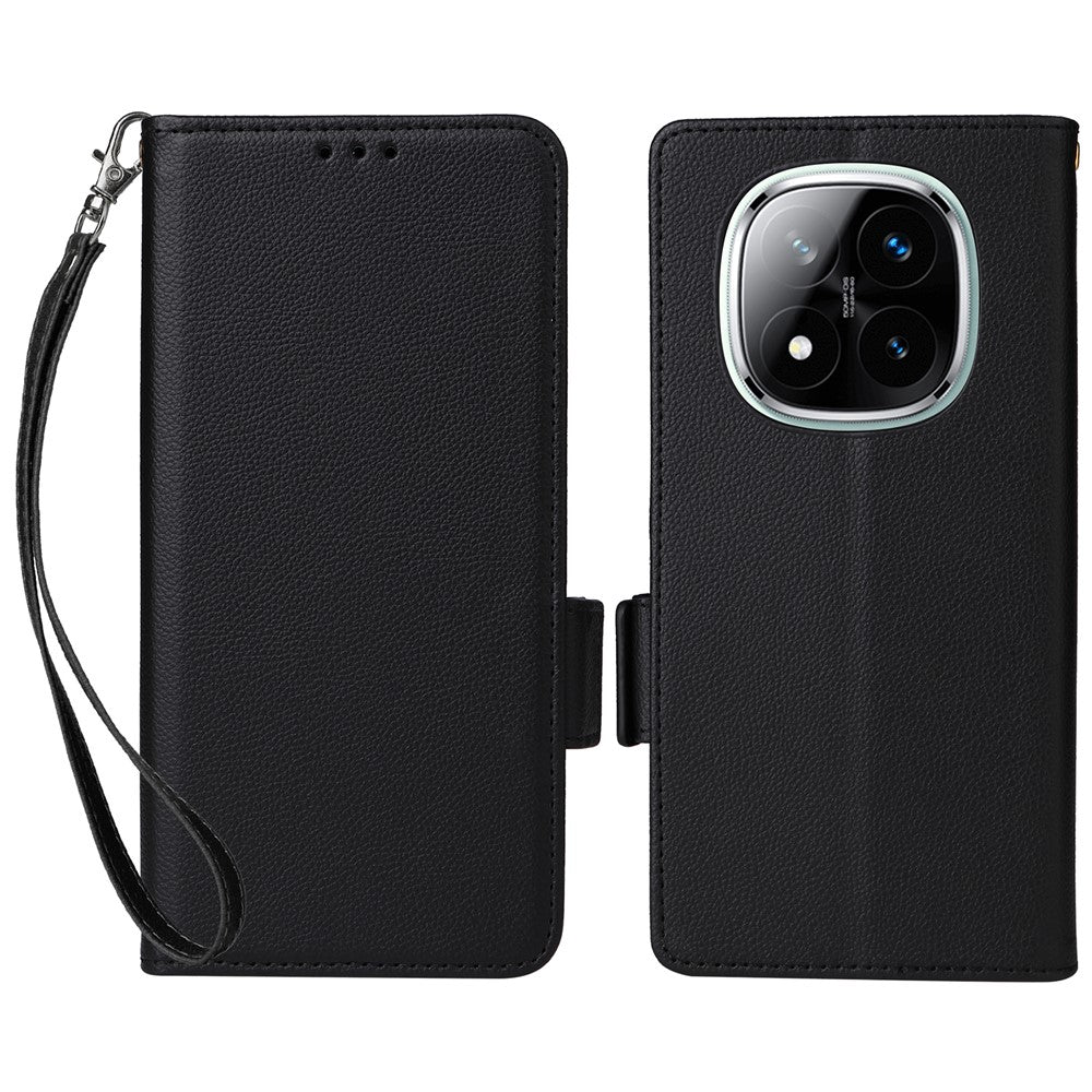 Läderfodral till Xiaomi Redmi Note 14 Pro 4G med handledsrem, litchitexturerat PU-läder, plånboksfodral för mobil