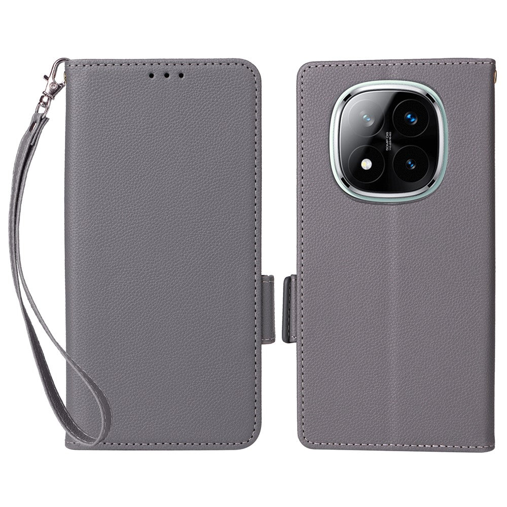 Läderfodral till Xiaomi Redmi Note 14 Pro 4G med handledsrem, litchitexturerat PU-läder, plånboksfodral för mobil