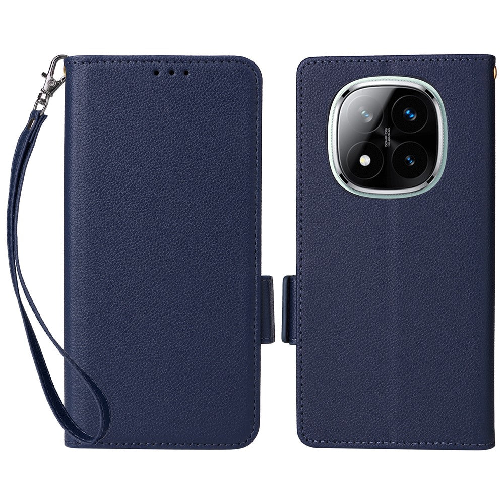 Läderfodral till Xiaomi Redmi Note 14 Pro 4G med handledsrem, litchitexturerat PU-läder, plånboksfodral för mobil