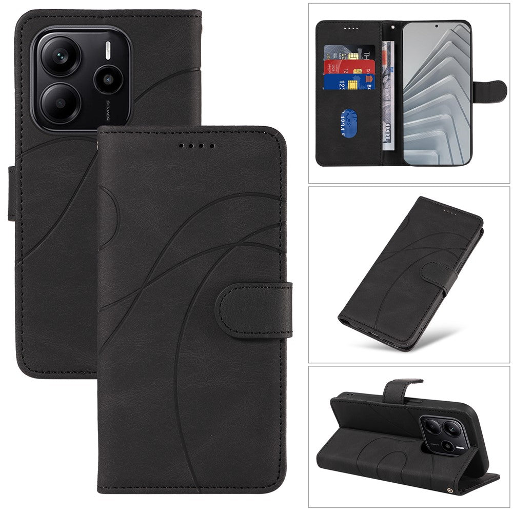 For Xiaomi Redmi Note 14 4G (163.25mm) Wallet Case Leather Phone Cover Stand with Curved Line Design