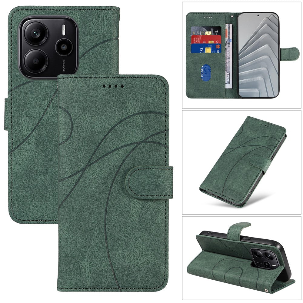 For Xiaomi Redmi Note 14 4G (163.25mm) Wallet Case Leather Phone Cover Stand with Curved Line Design