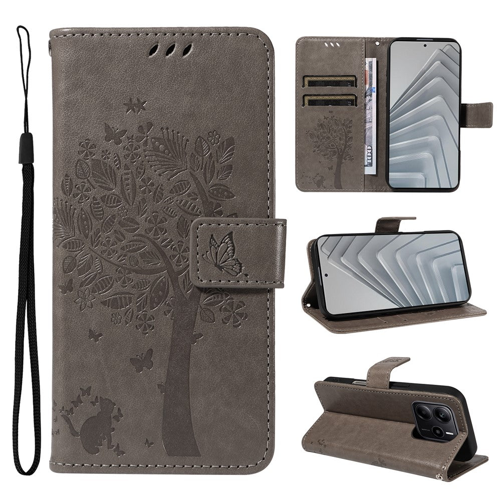 For Xiaomi Redmi Note 14 4G (163.25mm) Phone Case with Stand Cat Tree Pattern Leather Wallet Mobile Cover