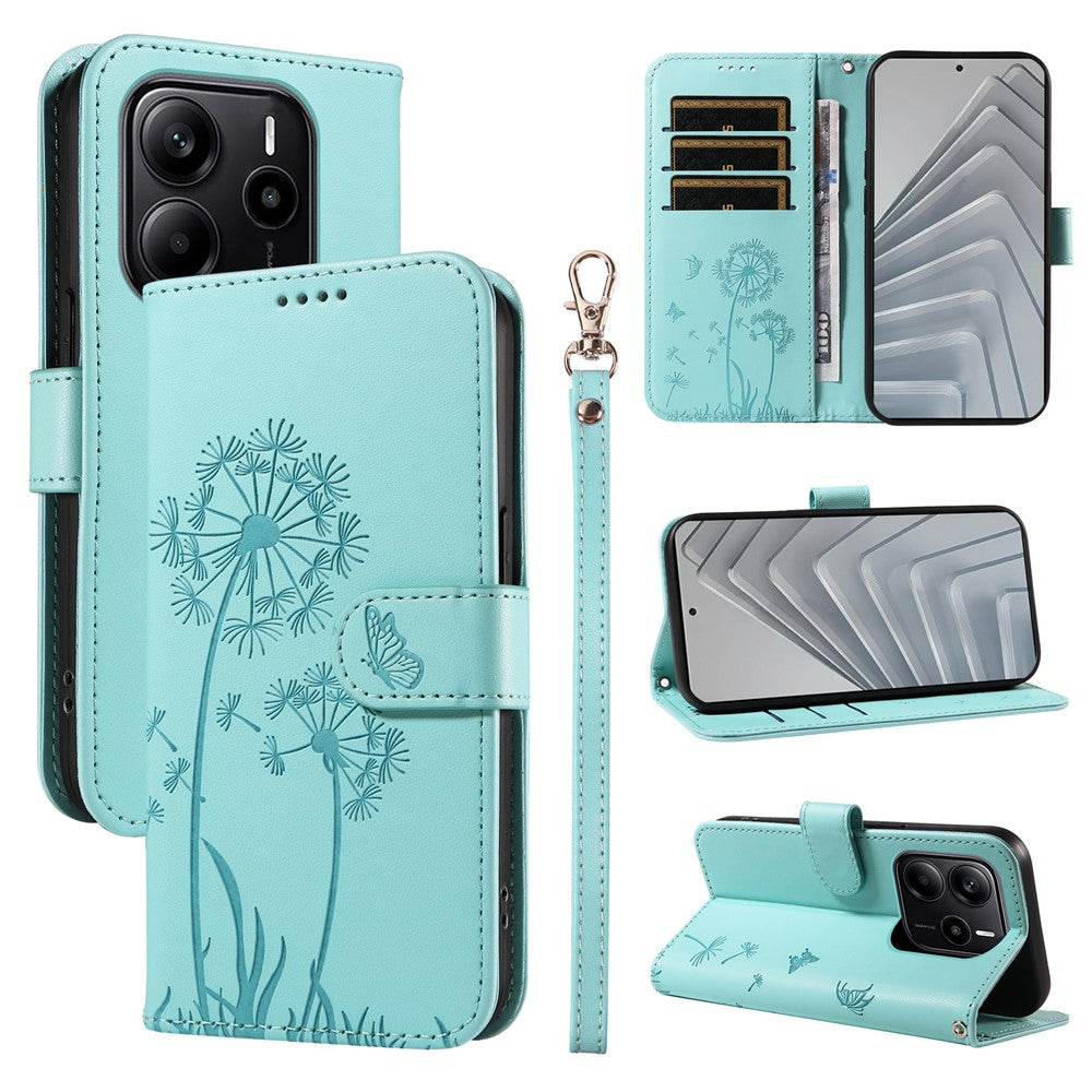 For Xiaomi Redmi Note 14 4G (163.25mm) Leather Wallet Case with Strap Dandelion Imprint Phone Stand Cover