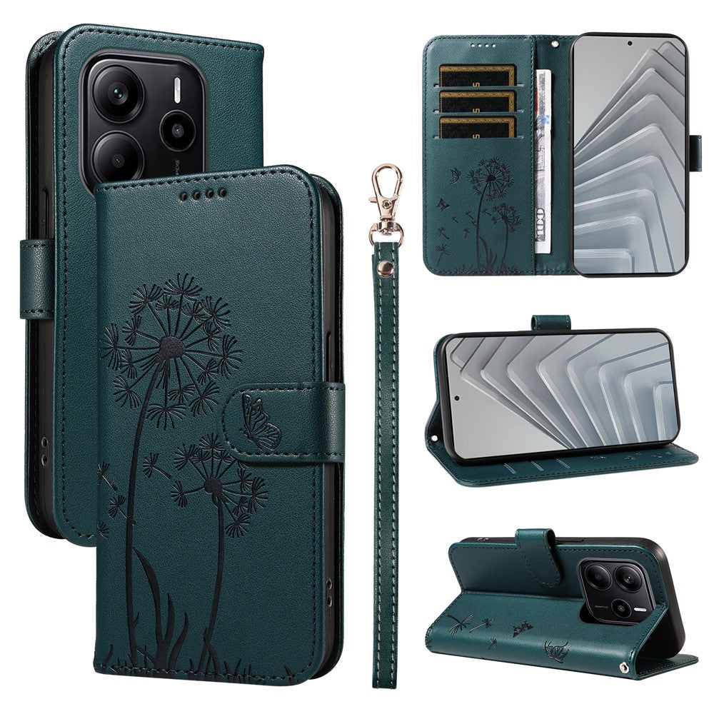 Xiaomi Redmi Note 14 4G (163,25 mm) Läderplånboksfodral med rem Maskrostryck mobilstativfodral