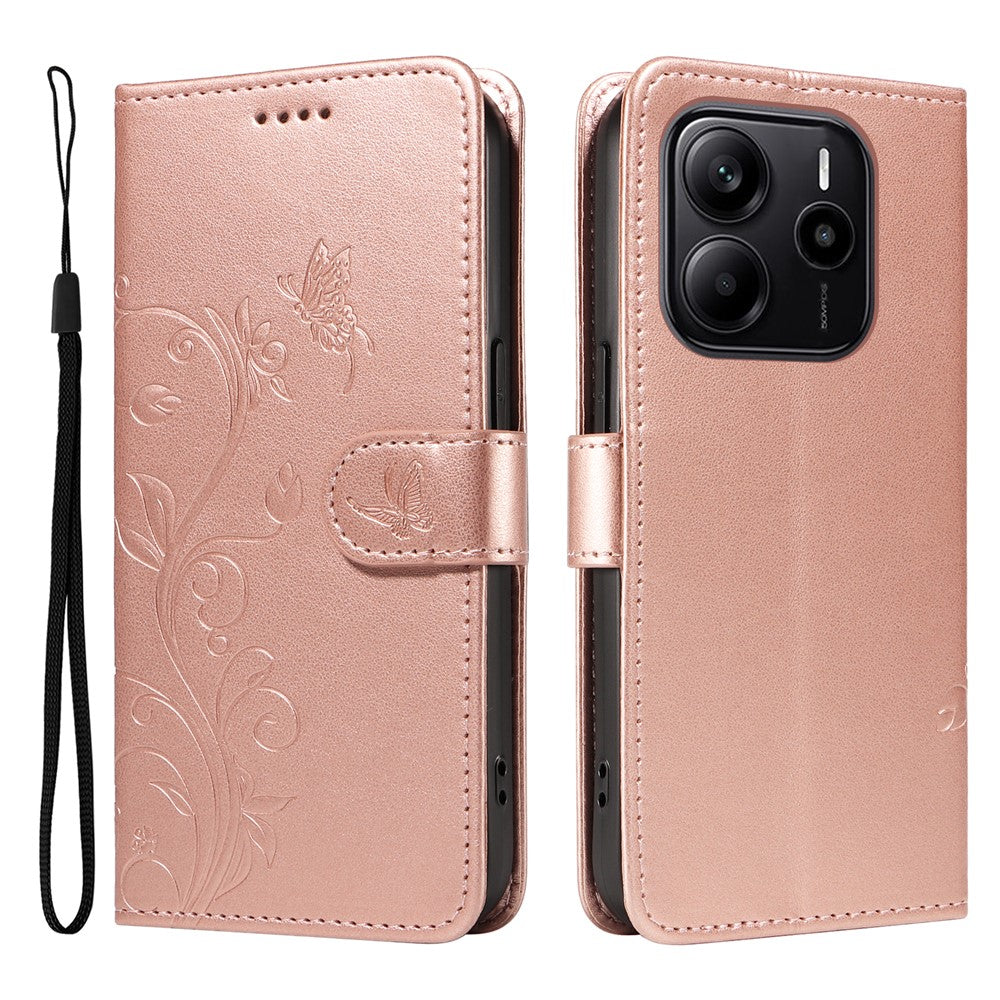 For Xiaomi Redmi Note 14 4G (163.25mm) PU Leather Cases Flower Pattern Wallet Stand Phone Cover with Strap