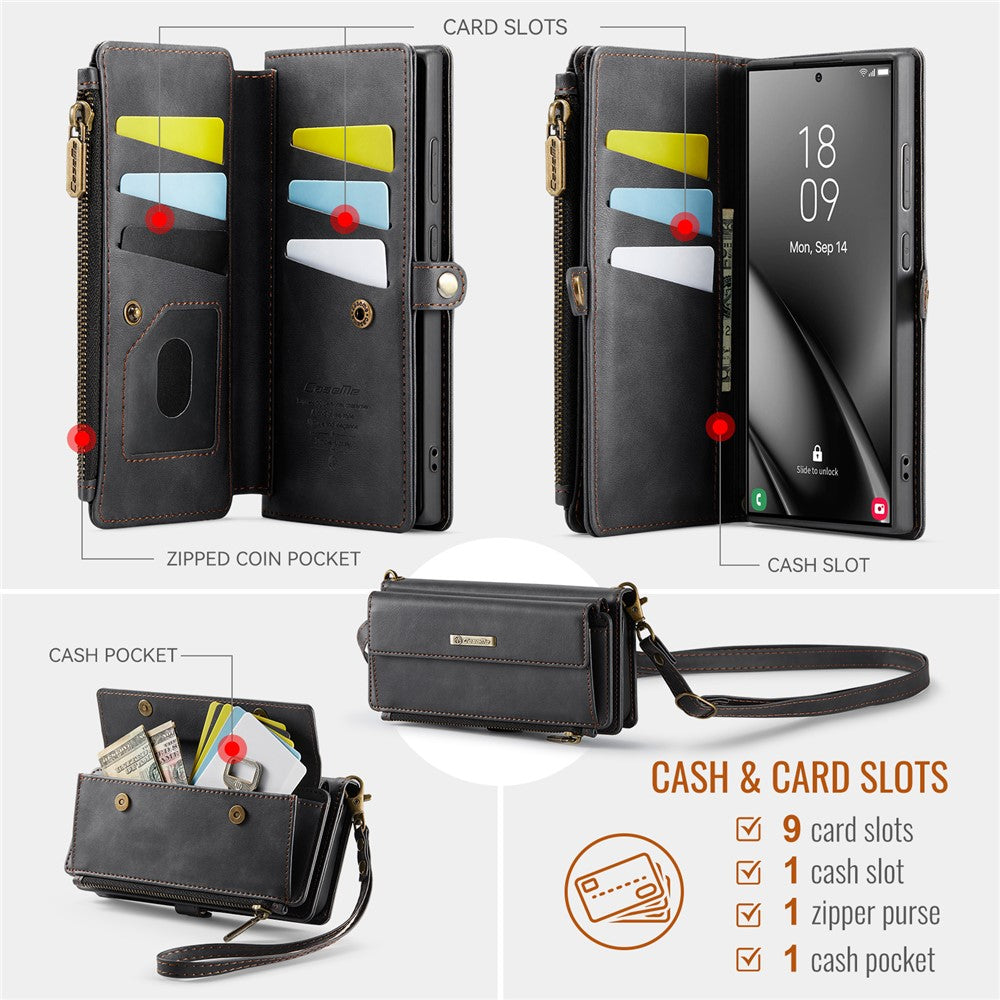 CASEME C39 Series For Samsung Galaxy S25 Ultra Case RFID Blocking 9 Card Slots Zipper Wallet Stand Leather Cover with Strap