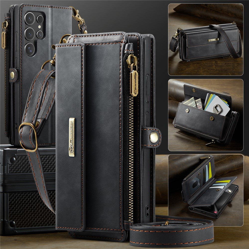 CASEME C39 Series For Samsung Galaxy S25 Ultra Case RFID Blocking 9 Card Slots Zipper Wallet Stand Leather Cover with Strap