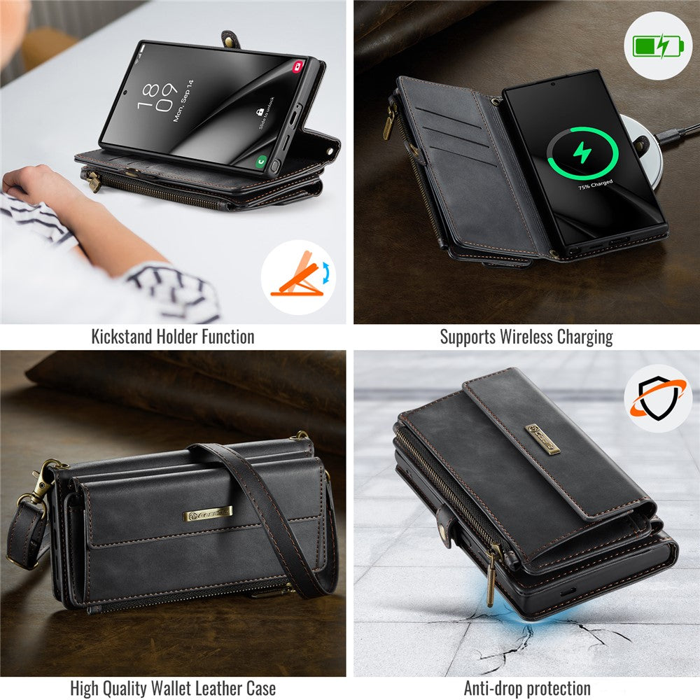 CASEME C39 Series til Samsung Galaxy S24 Ultra Cover RFID-blokerende 9 kortlommer Lynlås Pung Stativ Læder Cover med Rem