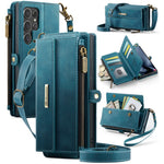 CASEME C39 Series til Samsung Galaxy S24 Ultra Cover RFID-blokerende 9 kortlommer Lynlås Pung Stativ Læder Cover med Rem