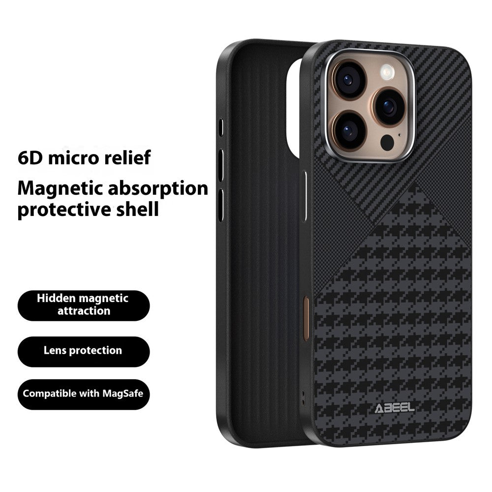 ABEEL For iPhone 16 Pro Max Case Compatible with MagSafe Micro-Embossing PC TPU Aluminum Alloy Leather Phone Cover