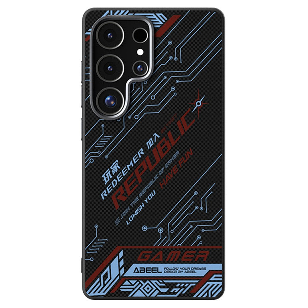 ABEEL til Samsung Galaxy S25 Ultra magnetisk cover mikropræget 6D-printet PC TPU-aluminiumslegering lædertelefoncover