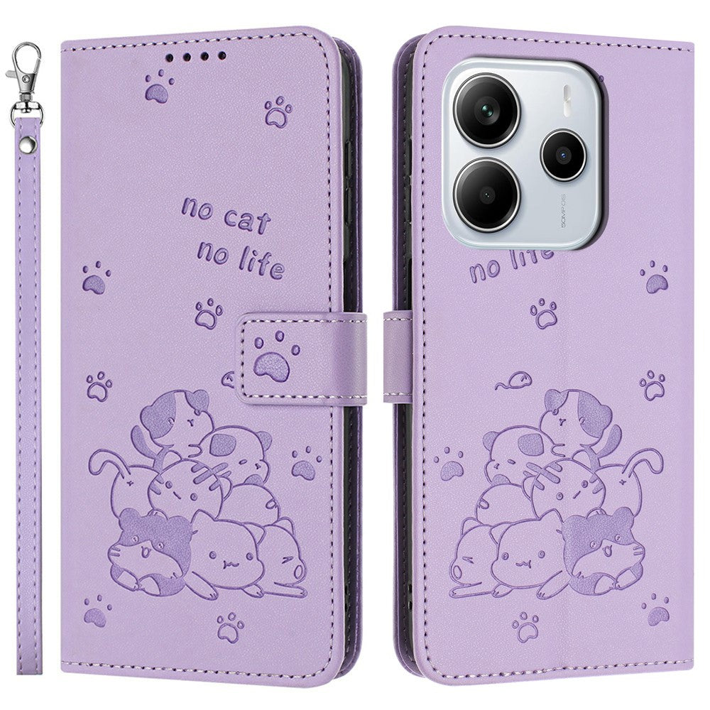 Wallet Case for Xiaomi Redmi Note 14 4G (163.25mm) Cats Imprint Leather Phone Cover with Strap