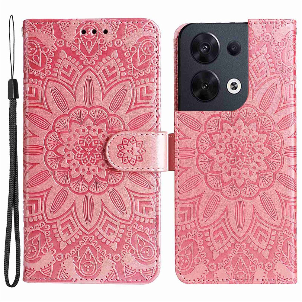 Full Protection Phone Case For Oppo Reno8 5G (Global Version), Sunflower Imprinted PU Leather Stand Anti-scratch Phone Flip Wallet Cover with Strap