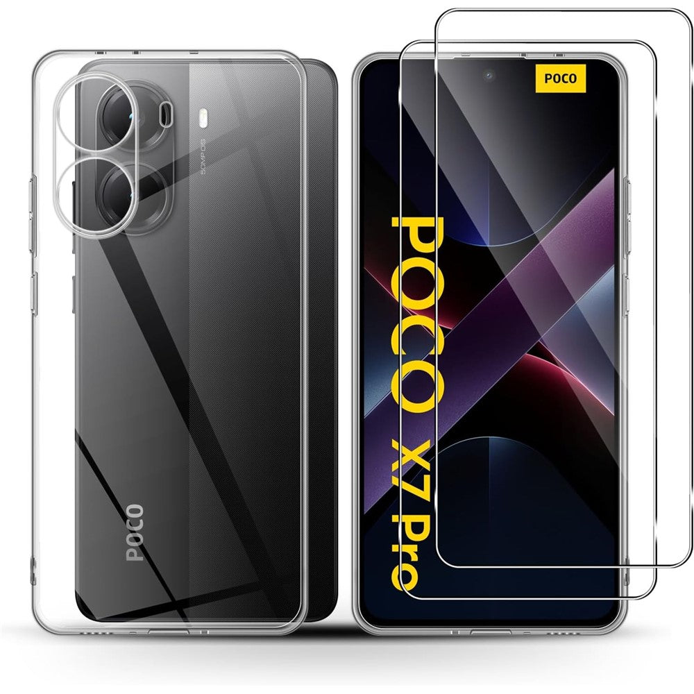 For Xiaomi Poco X7 Pro 5G Case Flexible TPU Phone Cover with 2PCS 2.5D Arc Tempered Glass Film