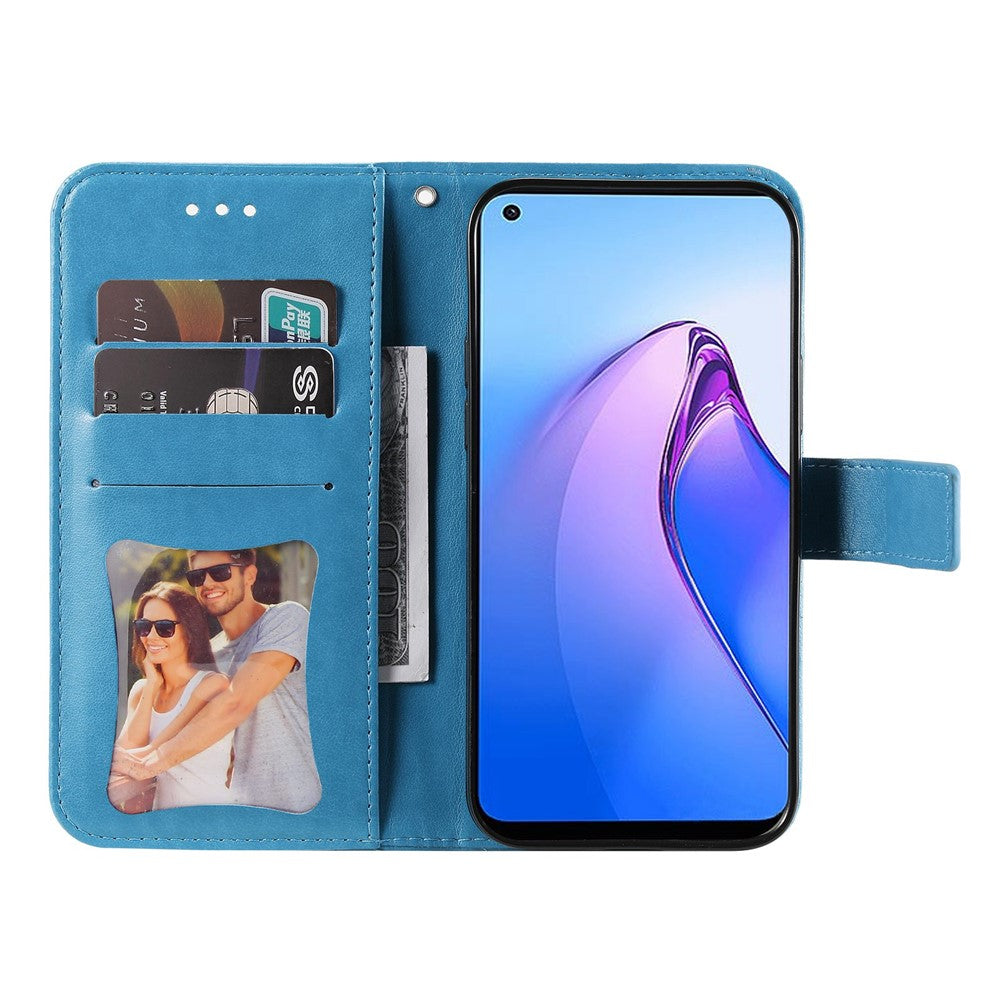 Cell Phone Cover For Oppo Reno8 5G (Global Version), Shockproof PU Leather Flip Wallet Case Flower Imprinting Stand Phone Shell
