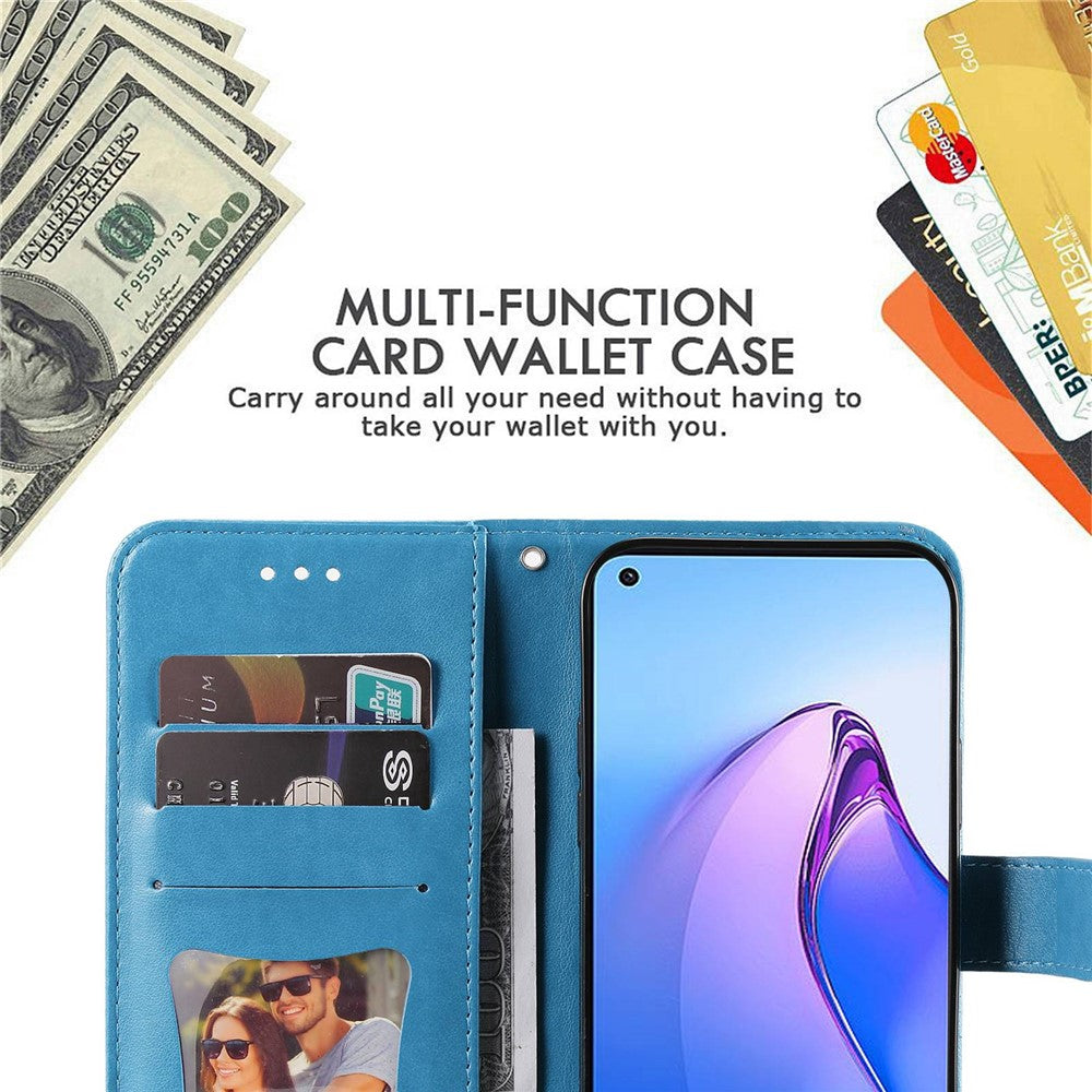 Cell Phone Cover For Oppo Reno8 5G (Global Version), Shockproof PU Leather Flip Wallet Case Flower Imprinting Stand Phone Shell
