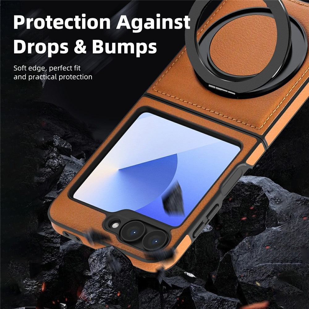 For Samsung Galaxy Z Flip7 FE 5G / Z Flip6 5G Case with Ring Kickstand Magnetic Case PU Leather Back Cover