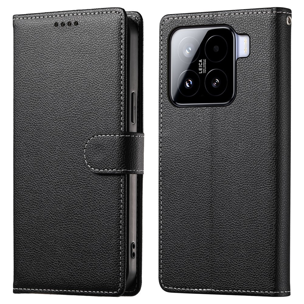 DF-012 För Xiaomi 15 Skal Litchi Textur Läder Magnetspänne Plånboksfodral med Handledsrem
