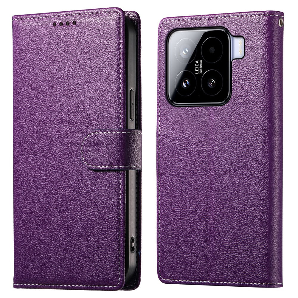 DF-012 För Xiaomi 15 Skal Litchi Textur Läder Magnetspänne Plånboksfodral med Handledsrem
