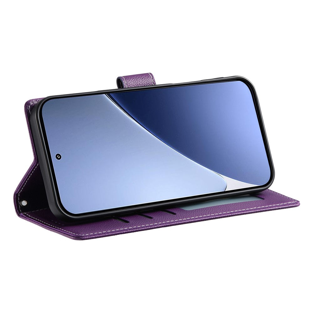 DF-012 För Xiaomi 15 Skal Litchi Textur Läder Magnetspänne Plånboksfodral med Handledsrem