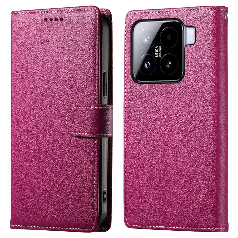 DF-012 För Xiaomi 15 Skal Litchi Textur Läder Magnetspänne Plånboksfodral med Handledsrem