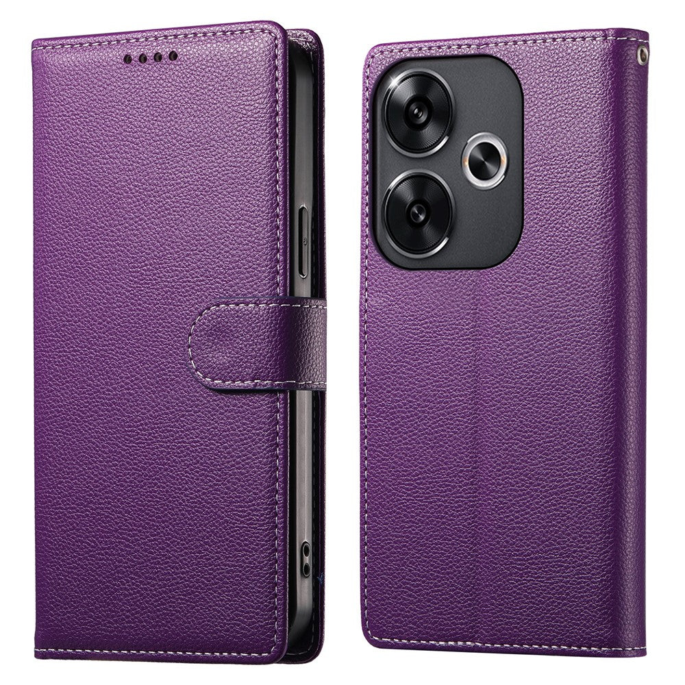 DF-012 For Xiaomi Redmi Turbo 3 5G  /  Poco F6 5G Case Litchi Texture Leather Magnetic Clasp Wallet Stand Phone Cover with Wrist Strap