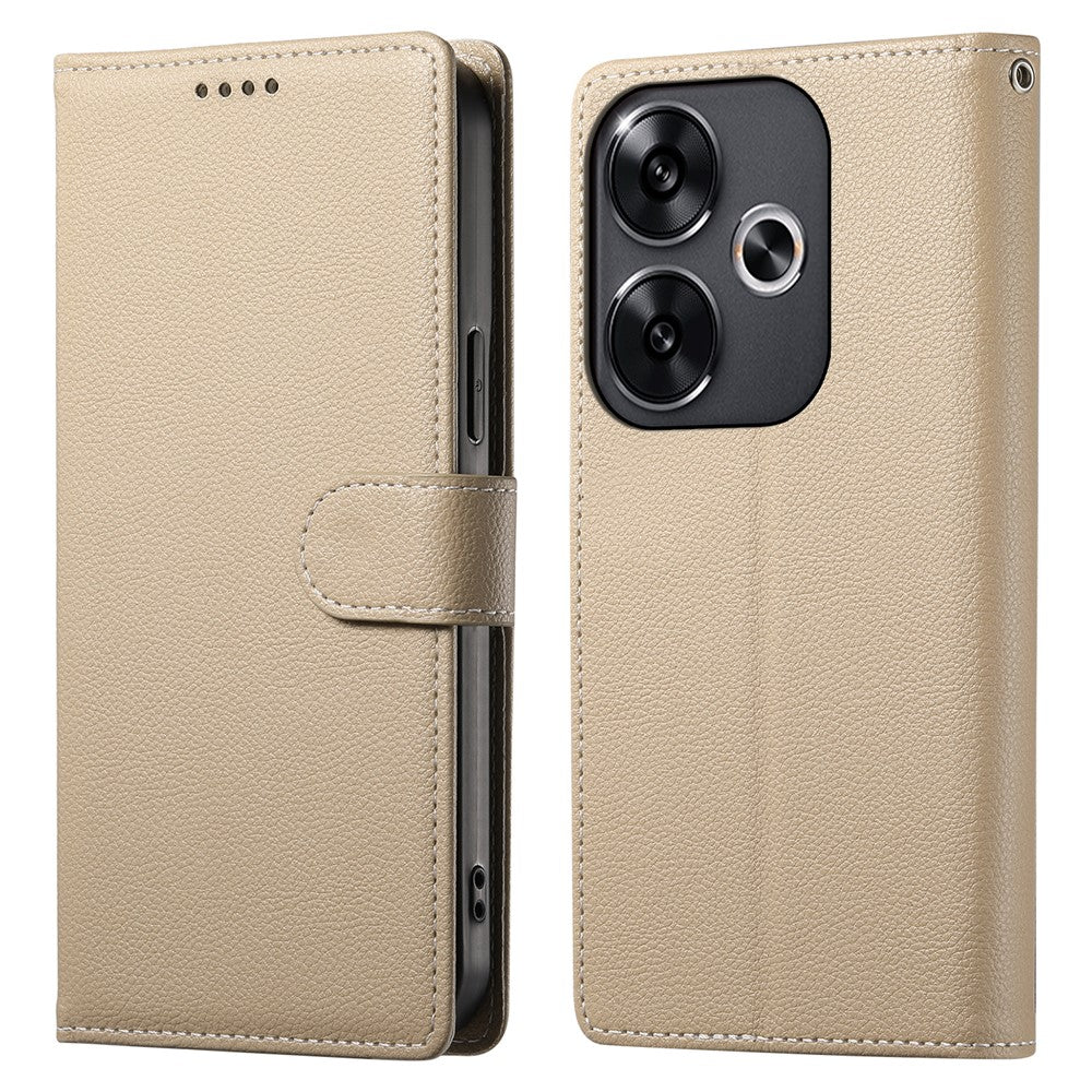 DF-012 For Xiaomi Redmi Turbo 3 5G  /  Poco F6 5G Case Litchi Texture Leather Magnetic Clasp Wallet Stand Phone Cover with Wrist Strap