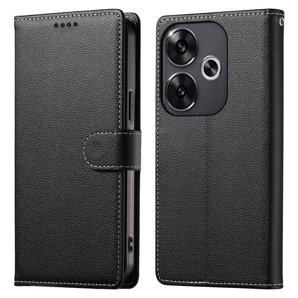DF-012 For Xiaomi Redmi Turbo 3 5G  /  Poco F6 5G Case Litchi Texture Leather Magnetic Clasp Wallet Stand Phone Cover with Wrist Strap